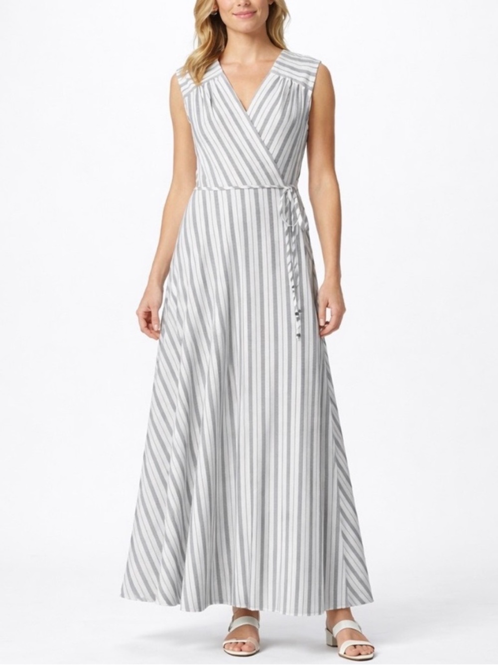 Calvin Klein Striped Faux-Wrap Maxi Dress in White and Light Gray - Picture 6 of 9